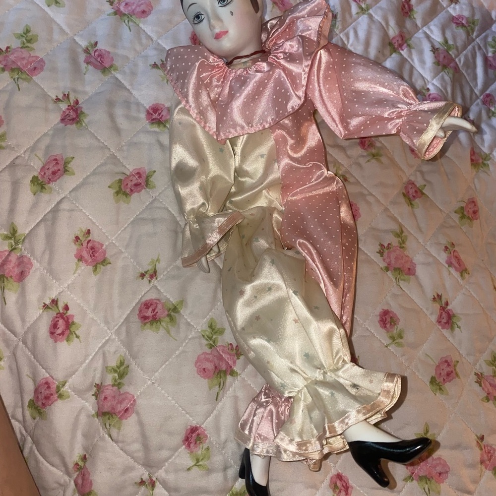 Rare vintage Flapper Porcelain doll pink and cream clown doll🤡🤍 pierrot